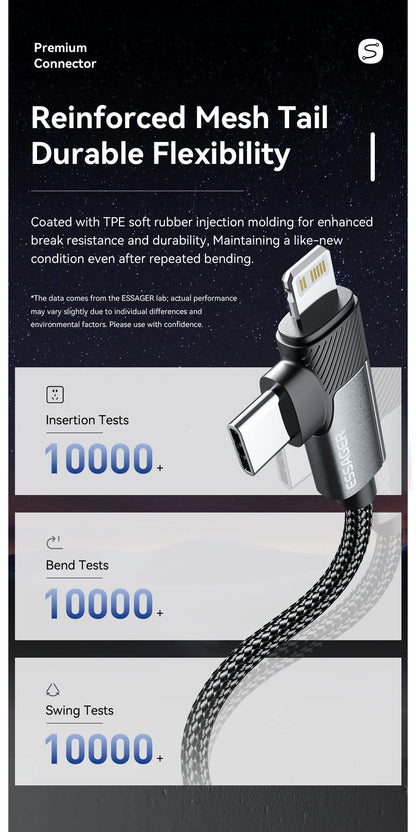 Essager 2-in-1 Right Angle Cable PD 65W 29W Fast Charging Elbow Data Cable For iPhone 15 14 13 MacBook Lenovo Asus Dell iPad Pro.