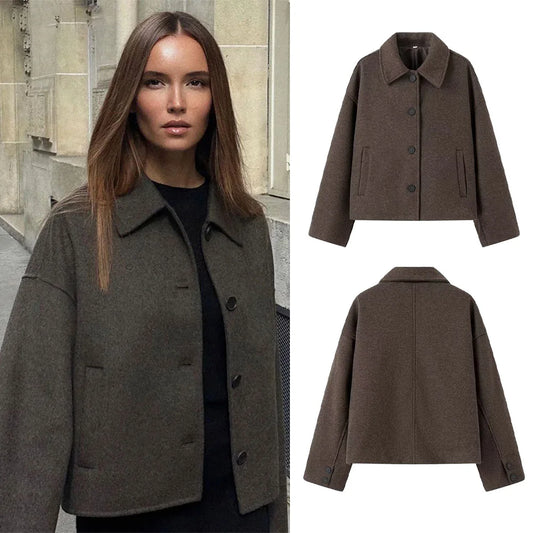 Woolen frauen Jacke Elegante Lose Langarm Turndown Einreiher Weiblichen Mantel 2024 Winter Mode Casual Dame Mantel