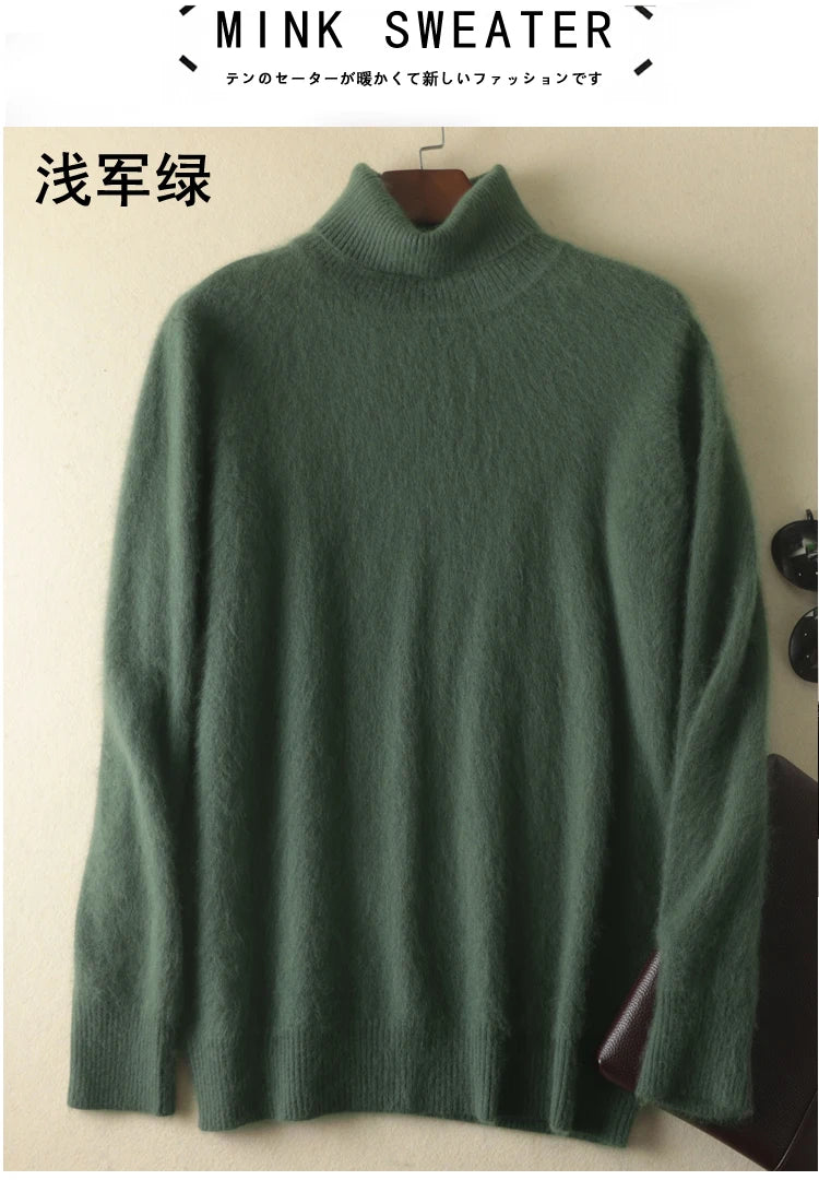 Men's 100% pure Mink Knitted Sweater Turtleneck Large Size Casual Pullover Autumn Winter New Base Shirt Men Warm High Lapels Top.