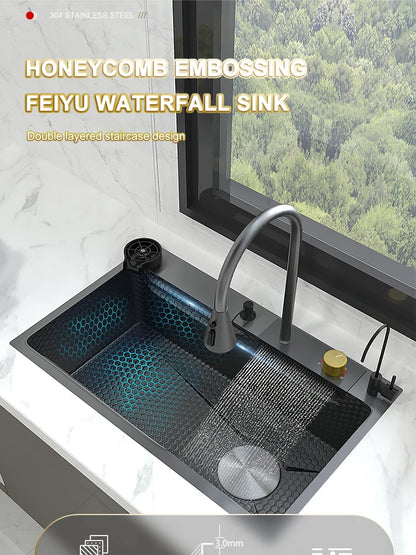 Waterfall Sink Kitchen Stainless Steel Topmount Sink Embossed Large Single Slot Wash Basin With Multifunction Tank Low Price
