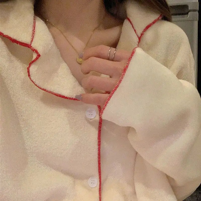 Flannel Women's Pajamas Sets Casual Autumn Winter Sleepwear Velvet Pyjama Ladies Cardigan Simple Bedroom Soft Warm Home Clothes.