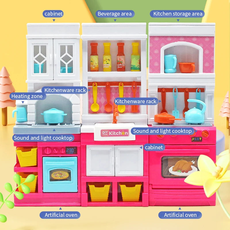 DIY Kid Play House Simulation Kitchen Pretend Toys Kitchenware Lighting and Sounds Cooking Game Set Children Fun Educational Toy.