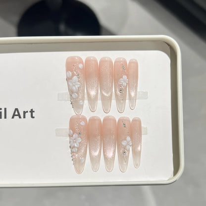 10Pcs White Simple French Fake Nails Pearl Rhinestone False Nails Long Almond Press on Nails Fashion Cat Eye Nail Art Handmade.