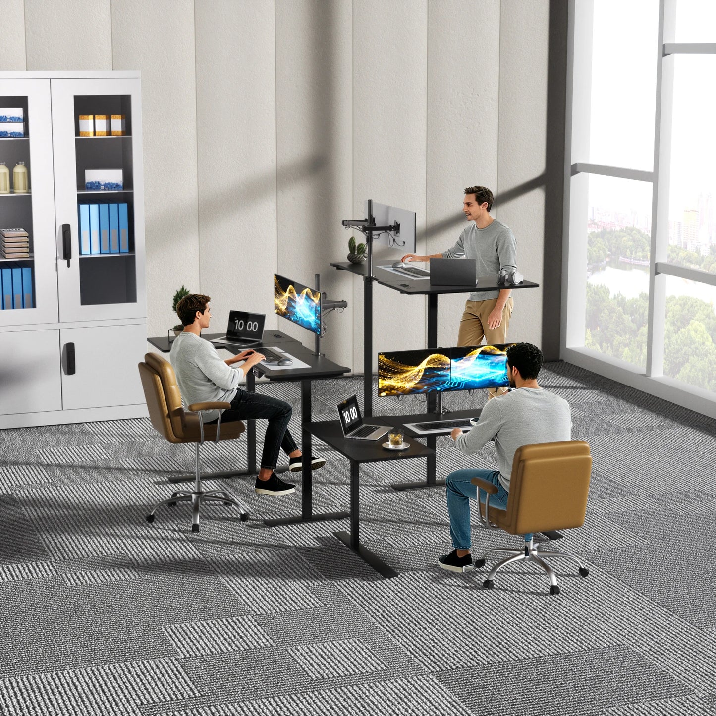 Elektrisch höhenverstellbarer L-förmiger Schreibtisch Ergonomischer Computertisch mit USB und Steckdose für Büro und Zuhause