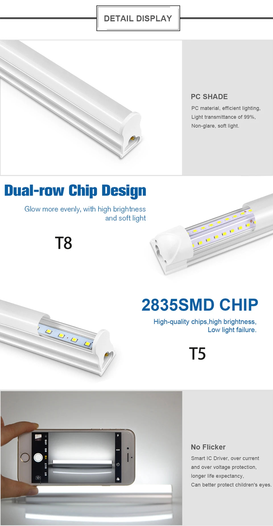 Energy Saving T5/T8 15W/25W LED Tube AC220V Fluorescent Tube Bulb for Shop Exhibition Halls Lighting,EU US Plug Connect Wire.