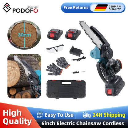 Podofo 6inch Electric Chain Saw Cordless Chainsaw Portable Tree Branch Logging Cutter Woodworking Garden Tool with 2 Batteries