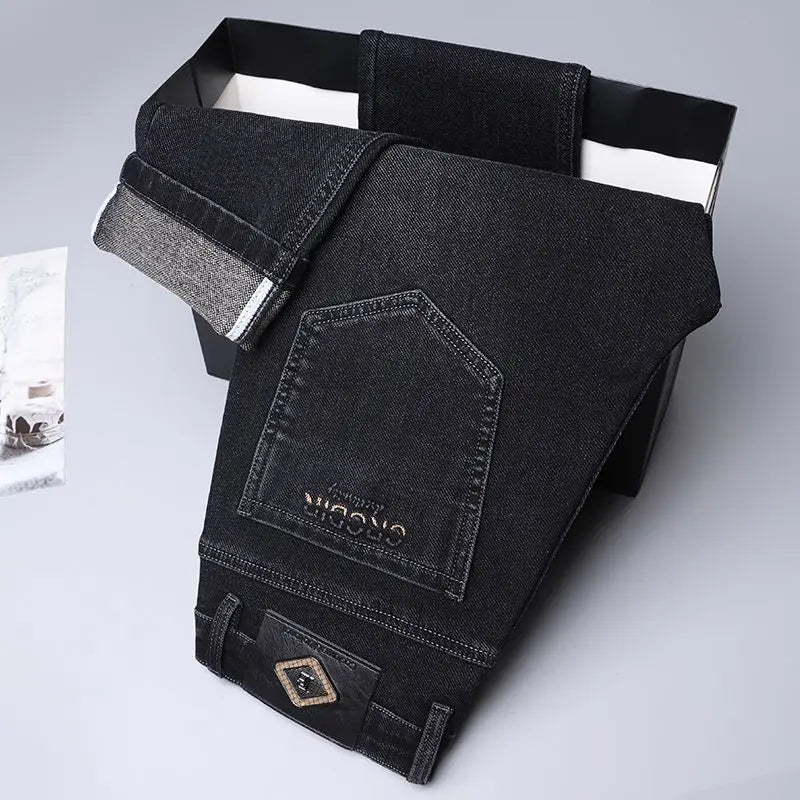 Autumn New Men's Business Jeans High Elasticity Straight Denim Trousers Men's Pants Work Clothes Haze Blue Black Gray Brand.