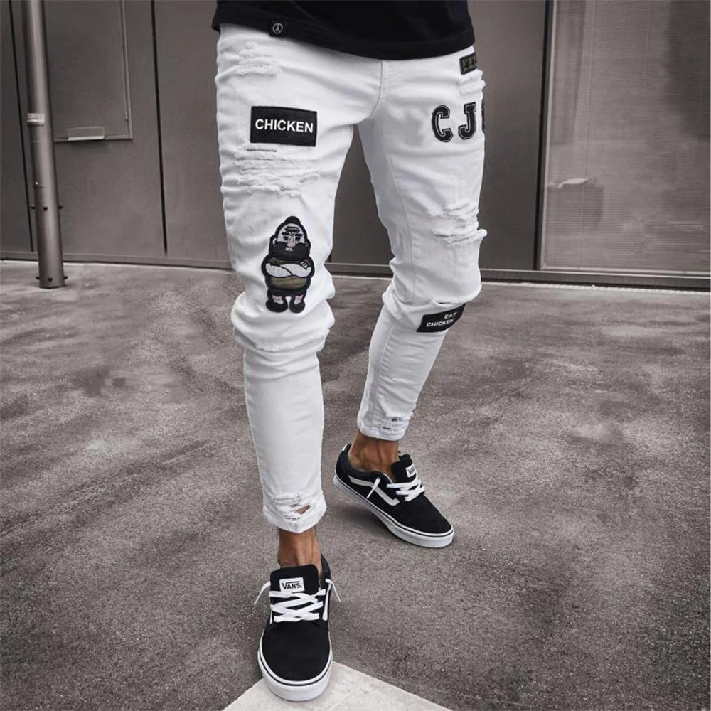 White Embroidery Skinny Ripped Jeans Men Cotton Stretchy Hole Slim Fit Hip Hop Denim Pants Casual Jeans for Men Jogging Trousers.