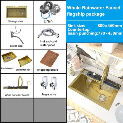 Golden Stainless Steel Waterfall Kitchen Sink Gold Embossed Extra Large Single Slot Digital Display Dishwashing Basin 100x50cm
