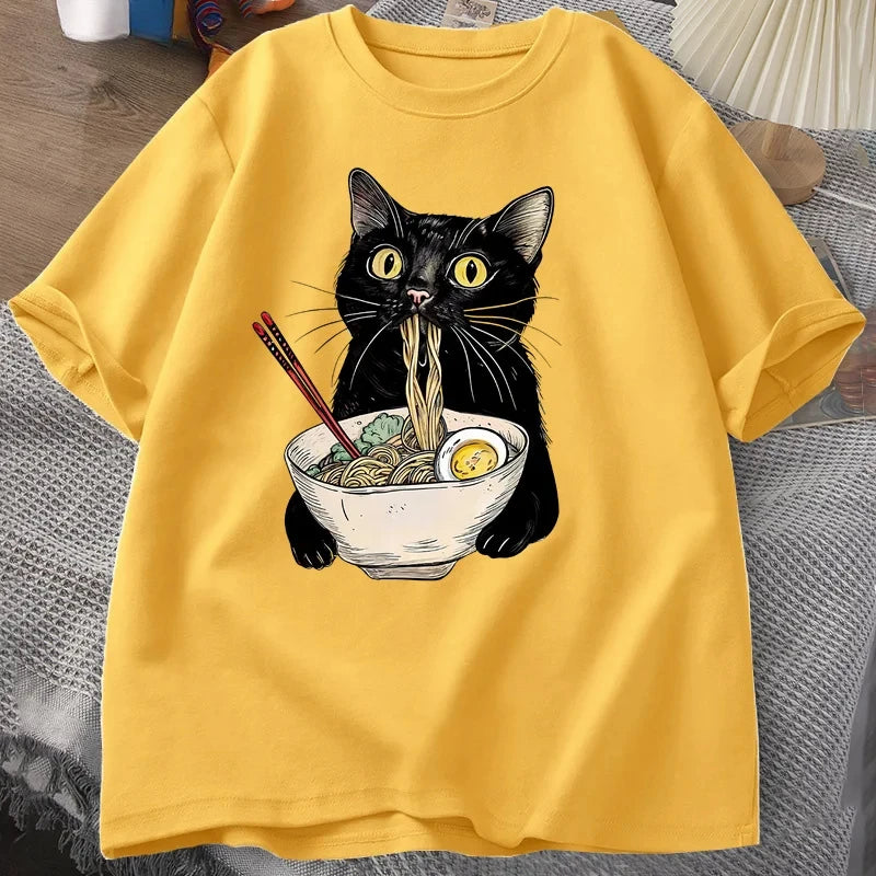 Nudel Ramen Katze T-Shirt Foodie Liebhaber T-Shirts Schwarze Katze Nudel T-Shirts Retro Casual Kurzarm T-Shirt für Männer Frauen Kleidung
