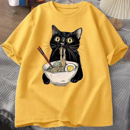 Nudel Ramen Katze T-Shirt Foodie Liebhaber T-Shirts Schwarze Katze Nudel T-Shirts Retro Casual Kurzarm T-Shirt für Männer Frauen Kleidung