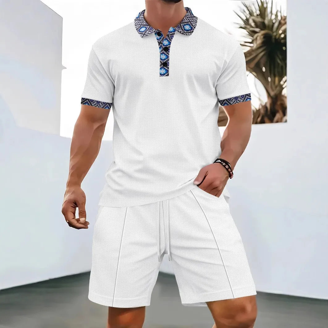 2025 Men Europe and the United States new summer Waffle solid color zip-up lapel short-sleeve suit shorts two sets