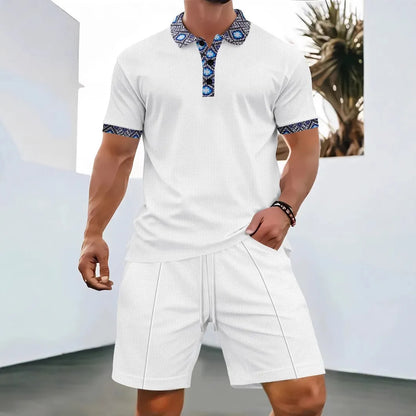 2025 Men Europe and the United States new summer Waffle solid color zip-up lapel short-sleeve suit shorts two sets