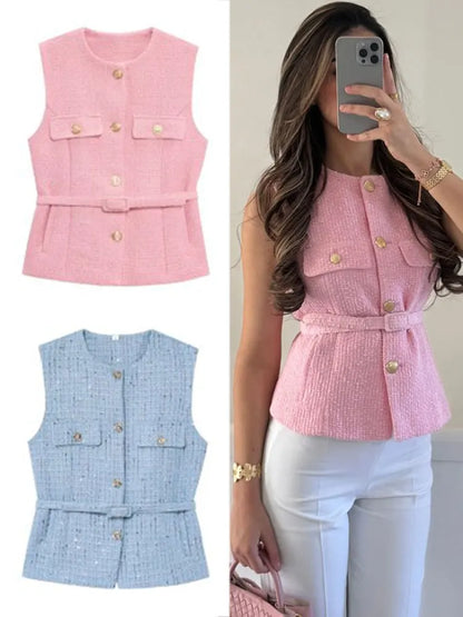 TRAFZA Frauen Elegante Solide Gürtel Westen Tops O Neck Metall Taste Ärmellose Weste Büro Dame Oberbekleidung Casual Blazer Tops.
