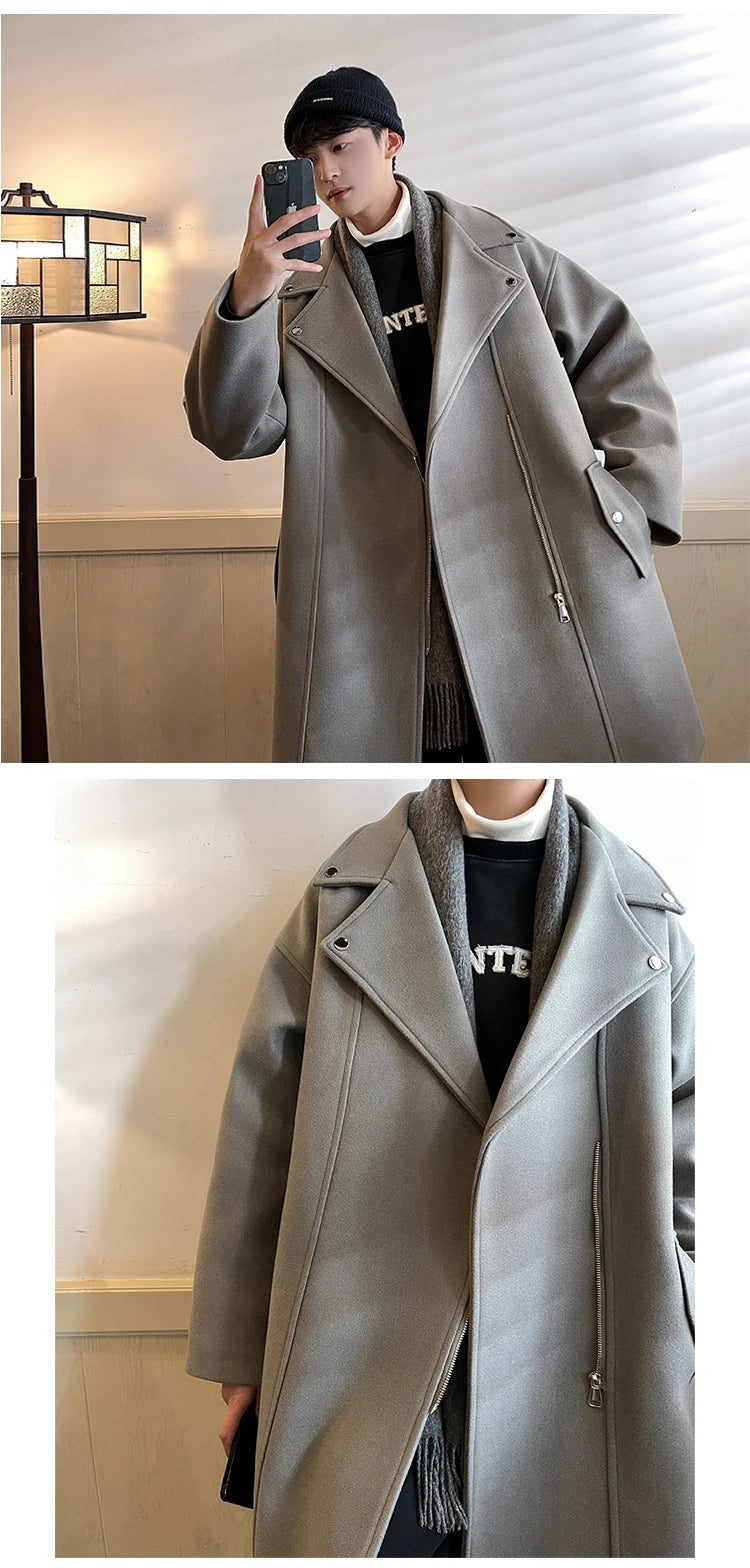Winter Fashion Woolen Dust Coats Men Zipper Decor High Quality Korean Style Loose Casual Windbreaker Men's Thick Warm Trenchcoat.