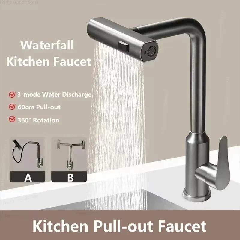 Black/Gray/Silver Pull-Out Kitchen Faucet Three Water Stream Sprayer Stainless Steel Hot and Cold Water Mixing Faucet Countertop
