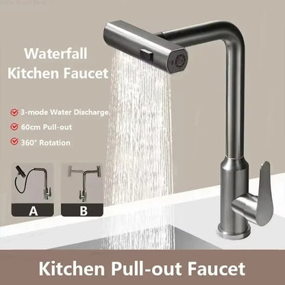 Black/Gray/Silver Pull-Out Kitchen Faucet Three Water Stream Sprayer Stainless Steel Hot and Cold Water Mixing Faucet Countertop