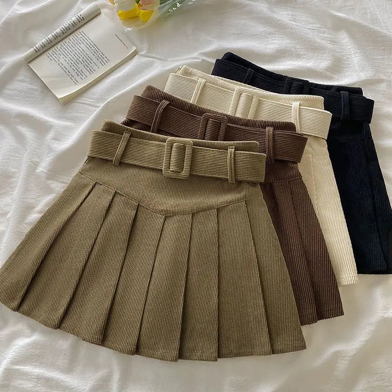 Pleated Mini Skirts Women Japan Students Corduroy Preppy Style Autumn Winter Basic Solid Bottoms Chic Vintage JK Slim All-match.