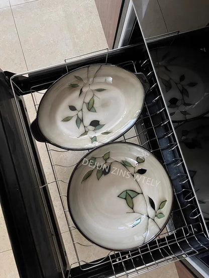 1Pc Vintage Bamboo Leaf Ceramic Bowl Salad Plate Exquisite Ceramic Cutlery Household Noodle Bowl Western Steak Cake Sushi Plate.