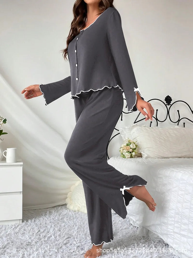 Europe hot-selling new pajamas black fungus edge long-sleeved trousers two-piece set comfortable high-end loungewear.