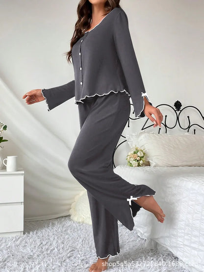 Europe hot-selling new pajamas black fungus edge long-sleeved trousers two-piece set comfortable high-end loungewear.