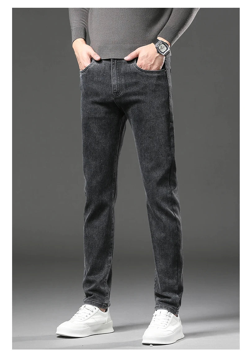 Winter Fleece Thick Warm Jeans Men's Slim Straight Elastic Denim Pants Casual Male Clothing Fashion Plush Trousers.