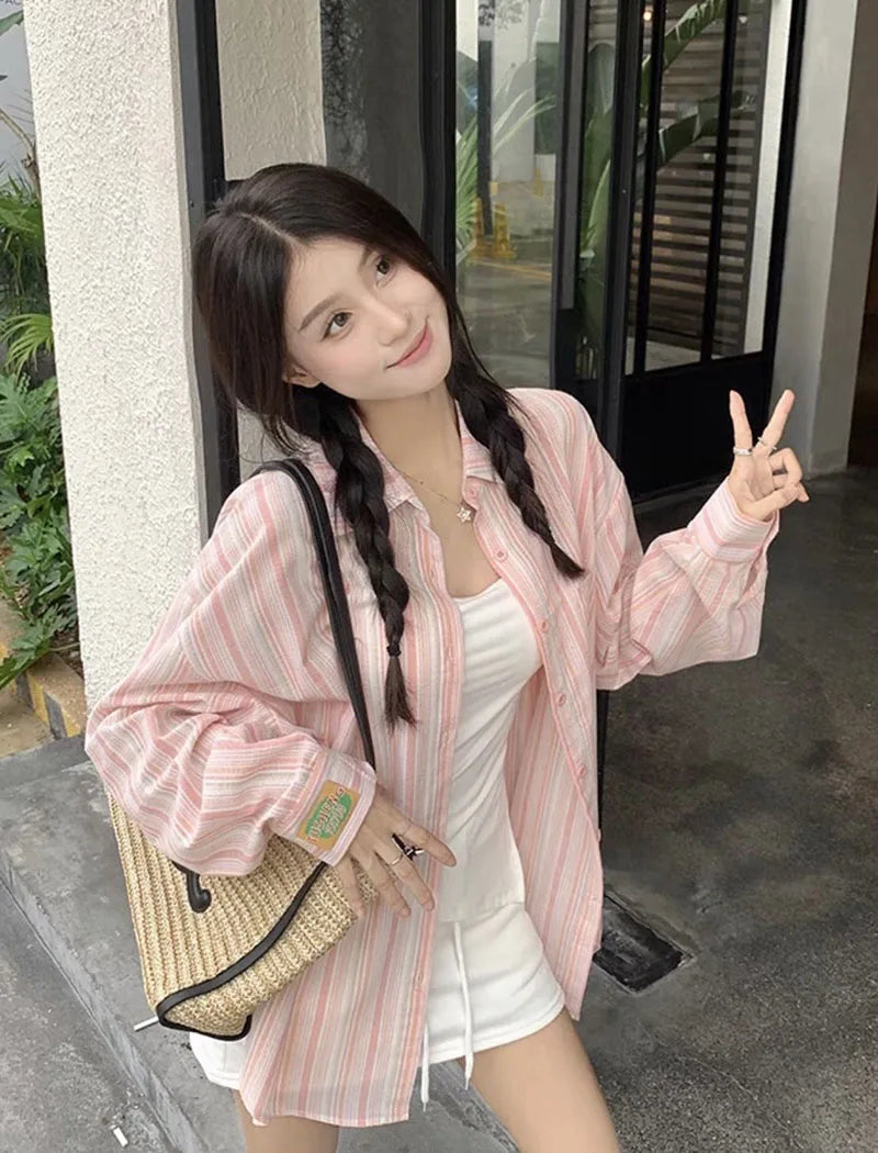 Pink Striped Shirt Women Korean Style Loose Long Sleeved Button Up Blouse Ladies Autumn New Wild Streetwear Casual Shirts 2025.