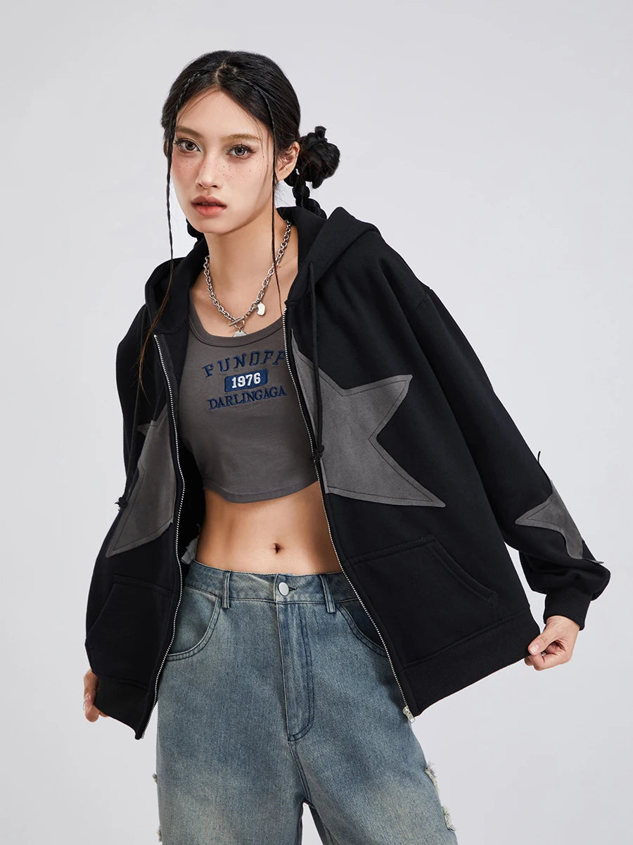 Y2K Vintage Star Print Hooded Hoodie for Women Casual Loose Long Sleeve Zip Up Drawstring Sweatshirts Autumn Spring Coat Street.