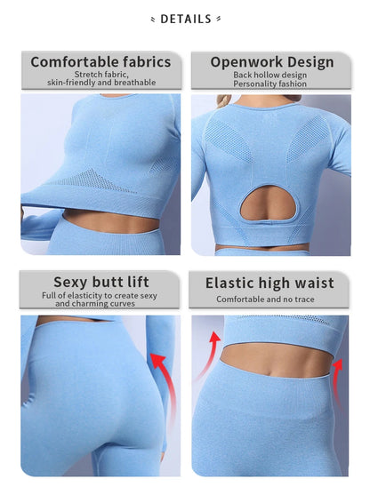 Women Yoga 2 Pieces Workout Outfits Seamless High Waist Leggings Sports Crop Top Running Clothes Sets.