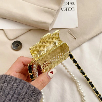 Mini Metal Shoulder Bags for Women Pearl Chain Crossbody Bag Designer Clothing Accessories Satchel Female Decorative Box Handbag