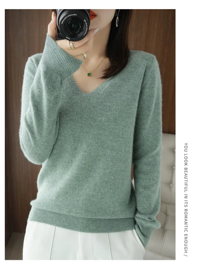 Neue Kaschmir frauen V-ausschnitt Pullover Spitze Neck Aushöhlen Design Beiläufige Gestrickte Lange Hülse frauen Pullover Herbst Und winter