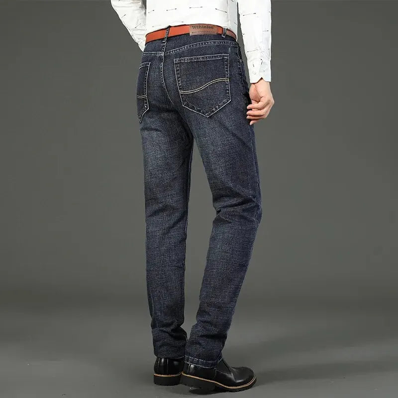 Wthinlee New Business Men's Jeans Casual Straight Stretch Fashion Classic Blue Black Work Denim Trousers Male Brand Clothing.