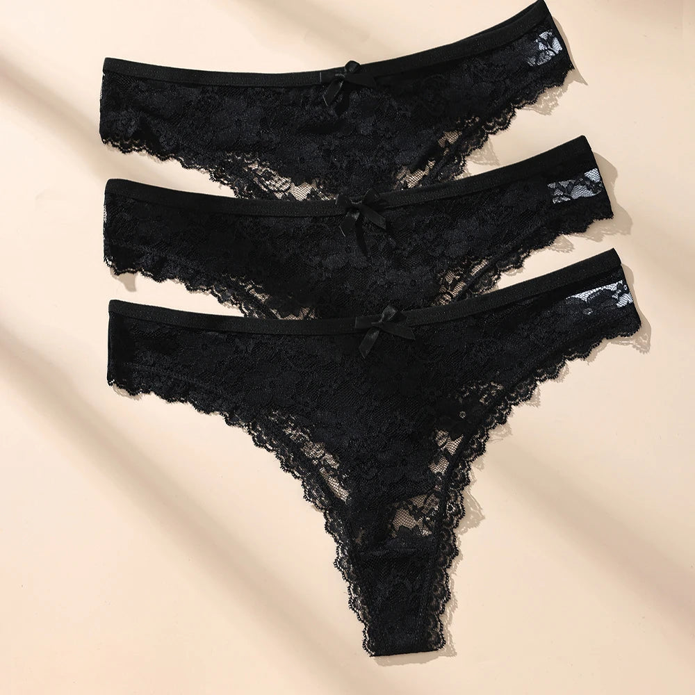 3Pcs Sexy Lace Thong Panties Women Hollow Floral Embroidery Underwear Low Waist Breathable Transparent Lingerie Briefs.