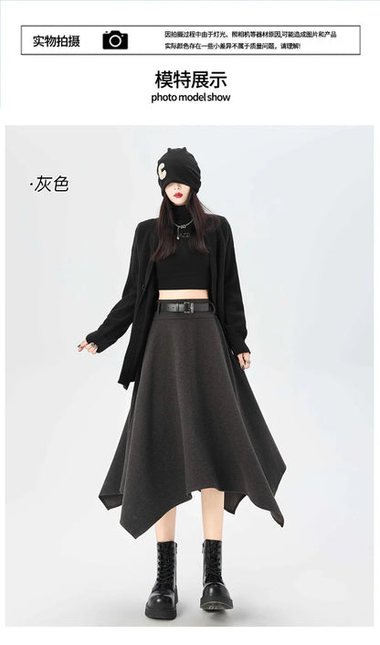 High Quality Irregular Woolen Skirt Women 2025 Autumn Winter New High Waist Slimming Midi Skirt Elegant A-line Faldas with Belt.