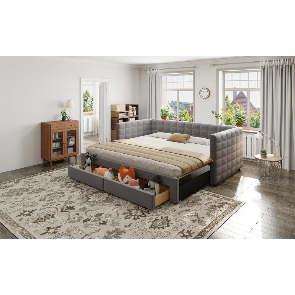 3-in-1 ausziehbares Schlafsofa 90 x 190 cm, Multifunktionsbett mit Schubladen, Einzel-/Doppelbett, Baumwolle und Leinen (Matratze nicht im Lieferumfang enthalten)