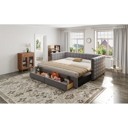 3-in-1 ausziehbares Schlafsofa 90 x 190 cm, Multifunktionsbett mit Schubladen, Einzel-/Doppelbett, Baumwolle und Leinen (Matratze nicht im Lieferumfang enthalten)