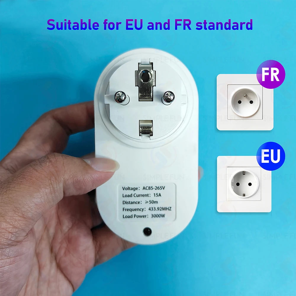Drahtlose Fernbedienungssteckdose 220 V 110 V EU FR Smart Plug, 50 m Reichweite, Steckdose 15 A für Haushaltsgeräte-Lichtventilator.