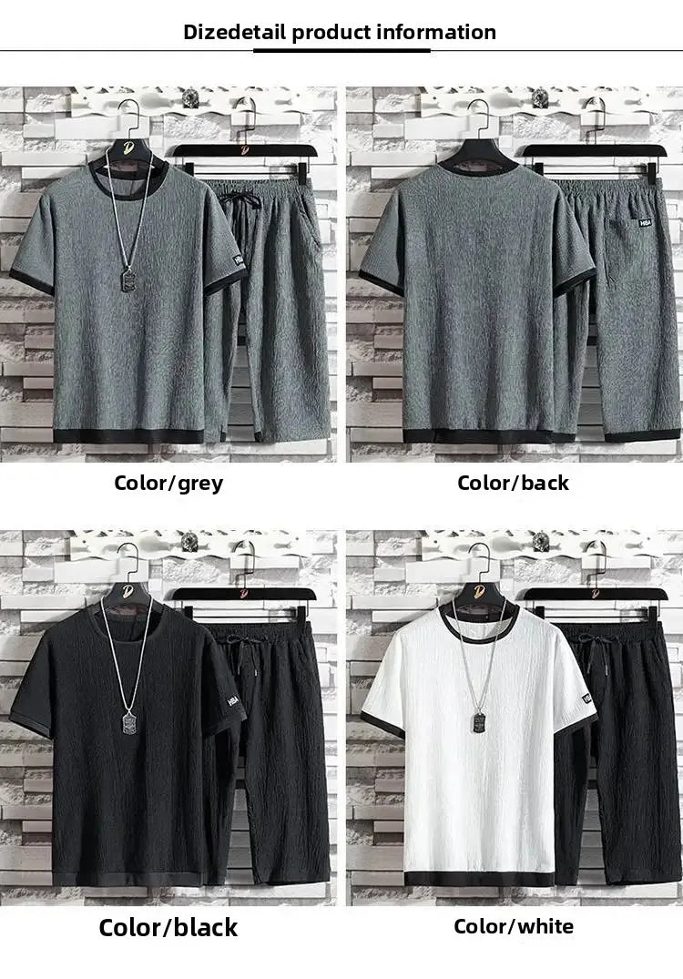 Summer Casual Ice Silk Short Sleeve T-Shirt Shorts Set for Men Fashionable Two-Piece Outfit Lightweight Sportswear Combo.