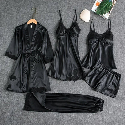 5-teiliges Set Damen-Nachtwäsche, sexy Seiden-Nachthemd, Spitzen-Satin-Nachthemd, Weste mit V-Ausschnitt, atmungsaktiv, bequemes Damen-Nachthemd