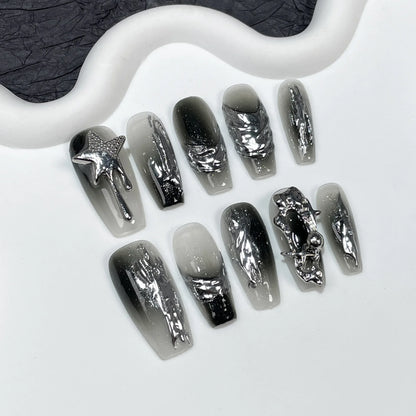 10pcs Black Press on Nails Medium Coffin Sliver Swirl Y2k Fake Nails with Glue Acrylic False Nails Press Ons Full Cover Nail Tip.