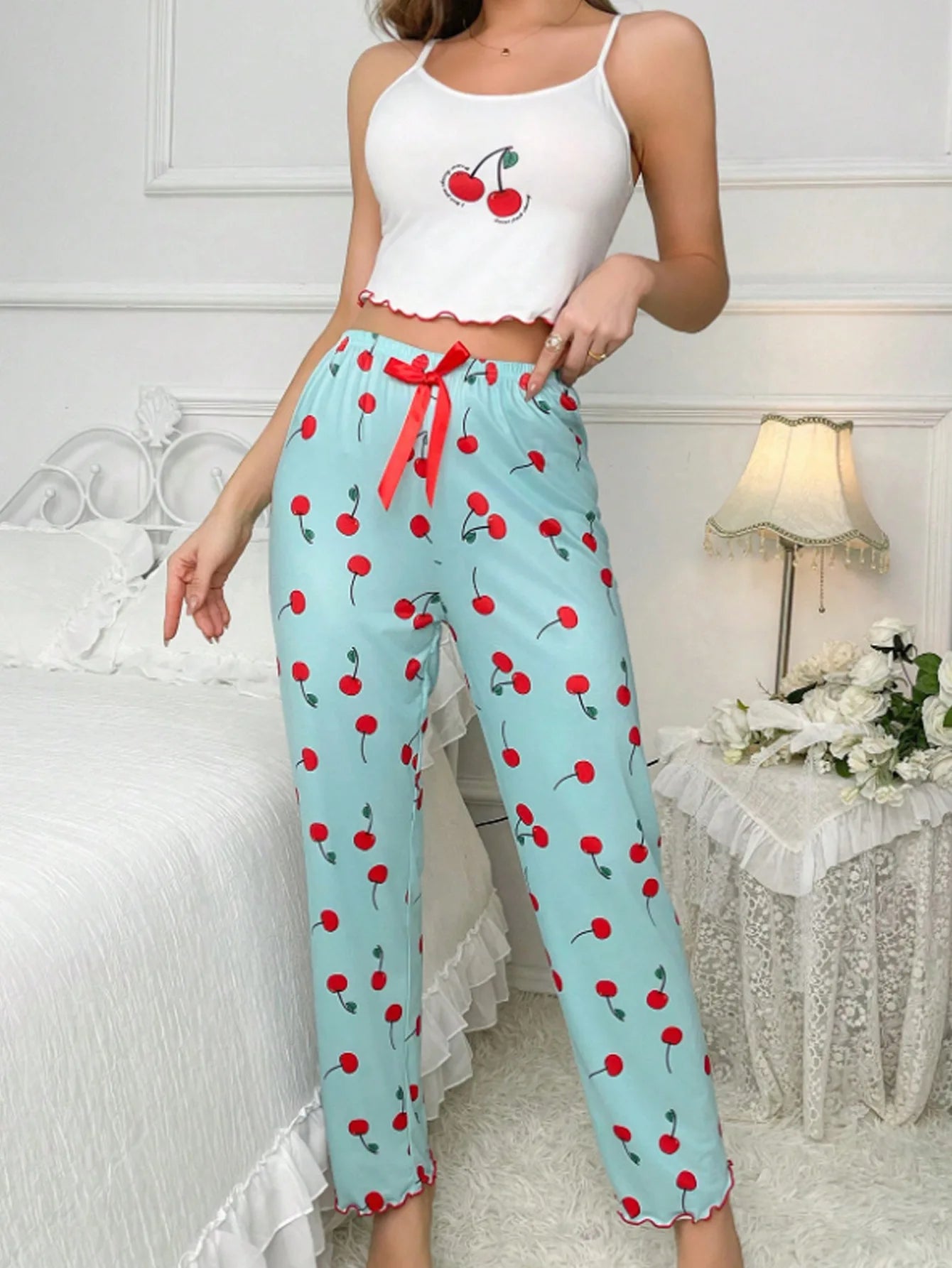 Y2K Coquette Cherry Print Pyjama Set Damen Cami Crop Top Hosen Zweiteilige Nachtwäsche Loungewear Sommer Frühling Herbst Outfits.