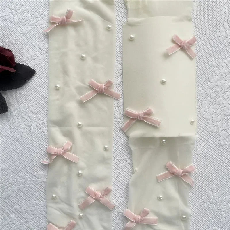 Sweet Pure Desire Butterfly Knot Stockings Pearl Pantyhose Women's Ultra Thin Any Cut Anti Snag Long Tube Socks.