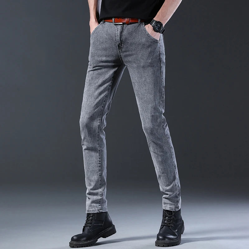New style jeans, men's slim fit, Korean style comfortable straight leg elastic gray mid waist pants, men's casual denim pants.