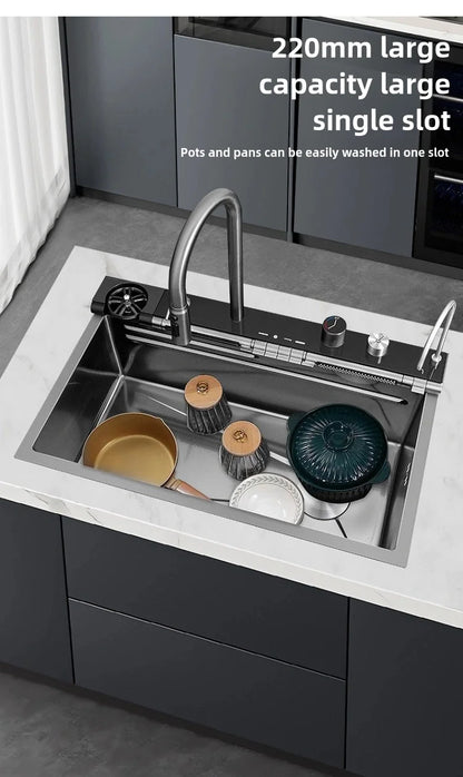 Stainless Steel Kitchen Sink Waterfall Faucet Large Single Sink Intelligent Dishwasher Sink Digital Display and Light Effects