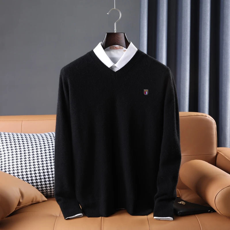 Soft Warm Pullover Cashmere Sweater Men's V Neck Thickened Classic Tops Autumn Winter New  Casual Solid Color Knitted Pullover.