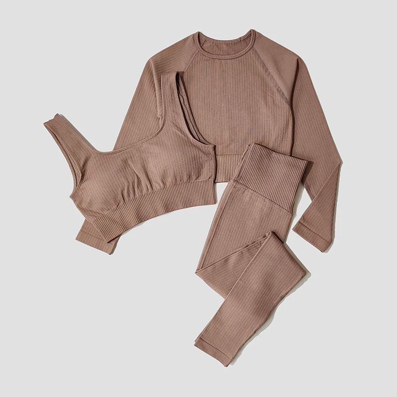 Women's Sportswear Yoga Set Workout Clothes Athletic Wear Sports Gym Legging Seamless Fitness Bra Crop Top Long Sleeve Yoga Suit