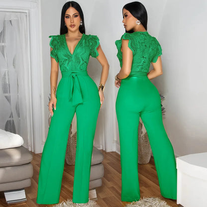 Summer Fashion Lace High Waisted Jumpsuit Women Elegant OL Lace Sleeveless Waistband Straight Jumpsuit Women.