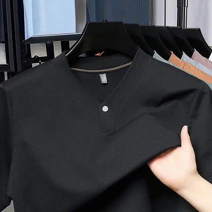 Men's T-shirt Classic V-Neck Short Sleeved Cotton Solid Button Super Soft High Quality L-4XL Casual Tshirt Design Men Tee Shirts