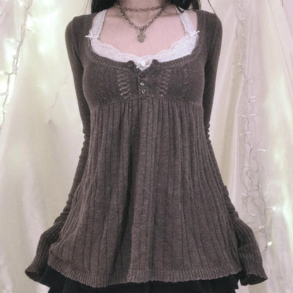 2000er Jahre Vintage Langarm Babydoll Strickpullover Tops Cottage Milkmaid Pullover Ästhetische Grunge Y2k Strickwaren T-Shirts Damen