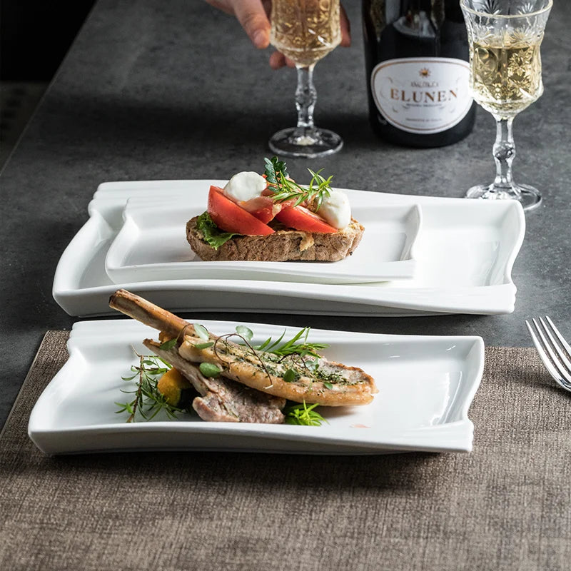 Creative Ceramic White Rectangular Western Food Plate Hotel Restaurant Special Cake Dessert Tableware Household Sushi Set Plate.